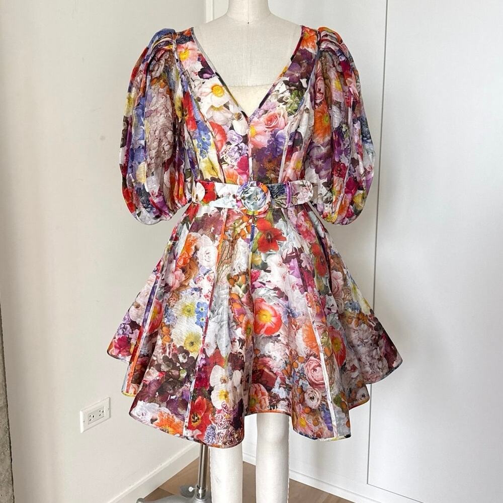 Zimmermann Prima Puff Sleeve Mini Dress in Multi SZ 1 / S